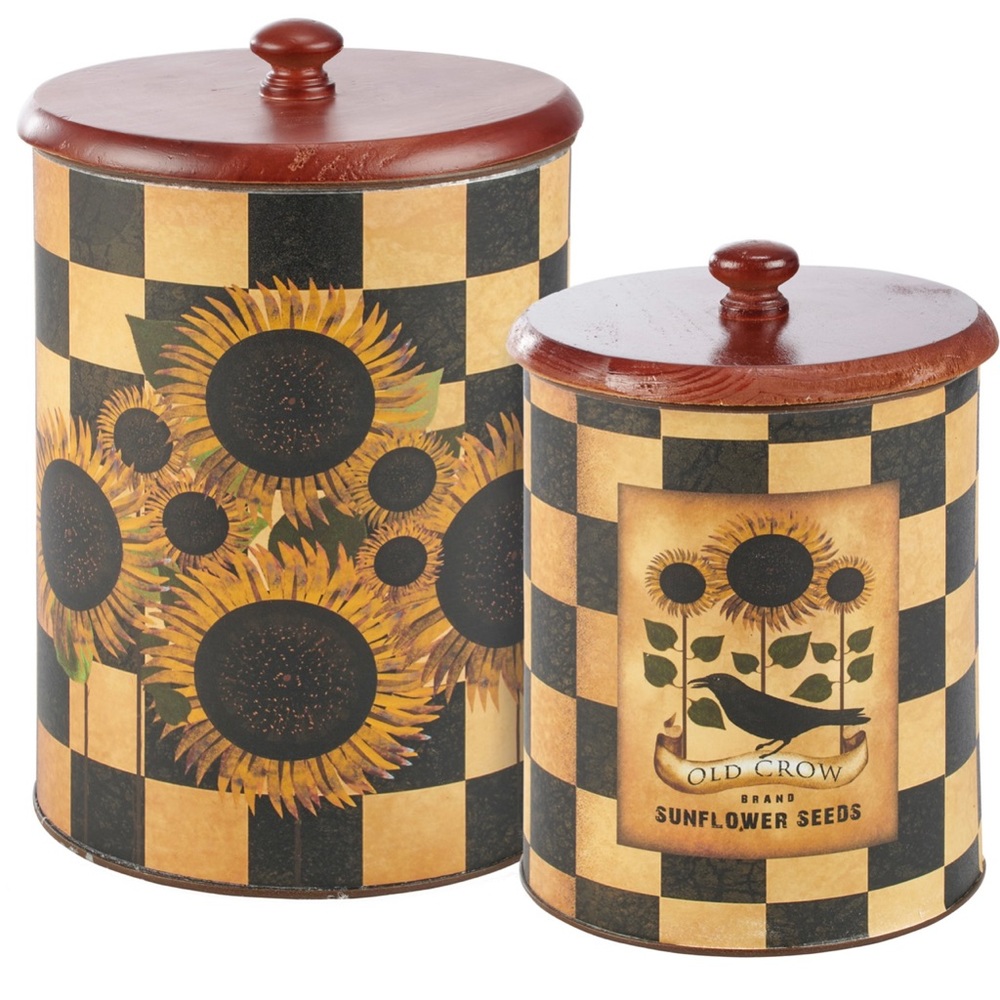 Old Crow Sunflowers Primitive Rustic Metal Canister Set Botanical Kitchen Gifts